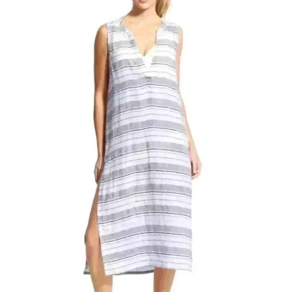Athleta Linen Midi Dress Blue & White Size XS